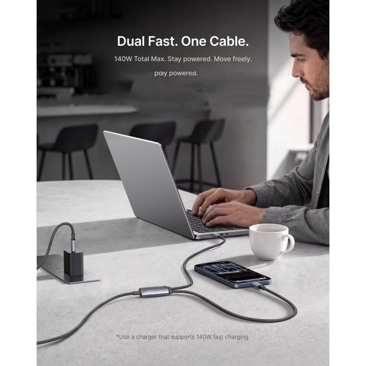 140W PD 3.1 Braided 2-in-1 USB-C Fast Charging Cable