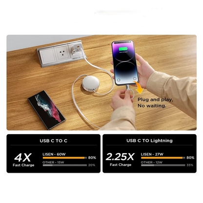 60W PD Retractable USB-C Fast Charging Data Cable